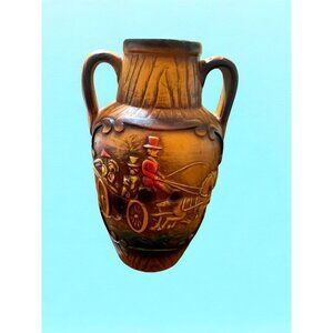 Vintage Norleans 3D Pottery Vase Double Handle Urn Horse Drawn Carriage 8" READ